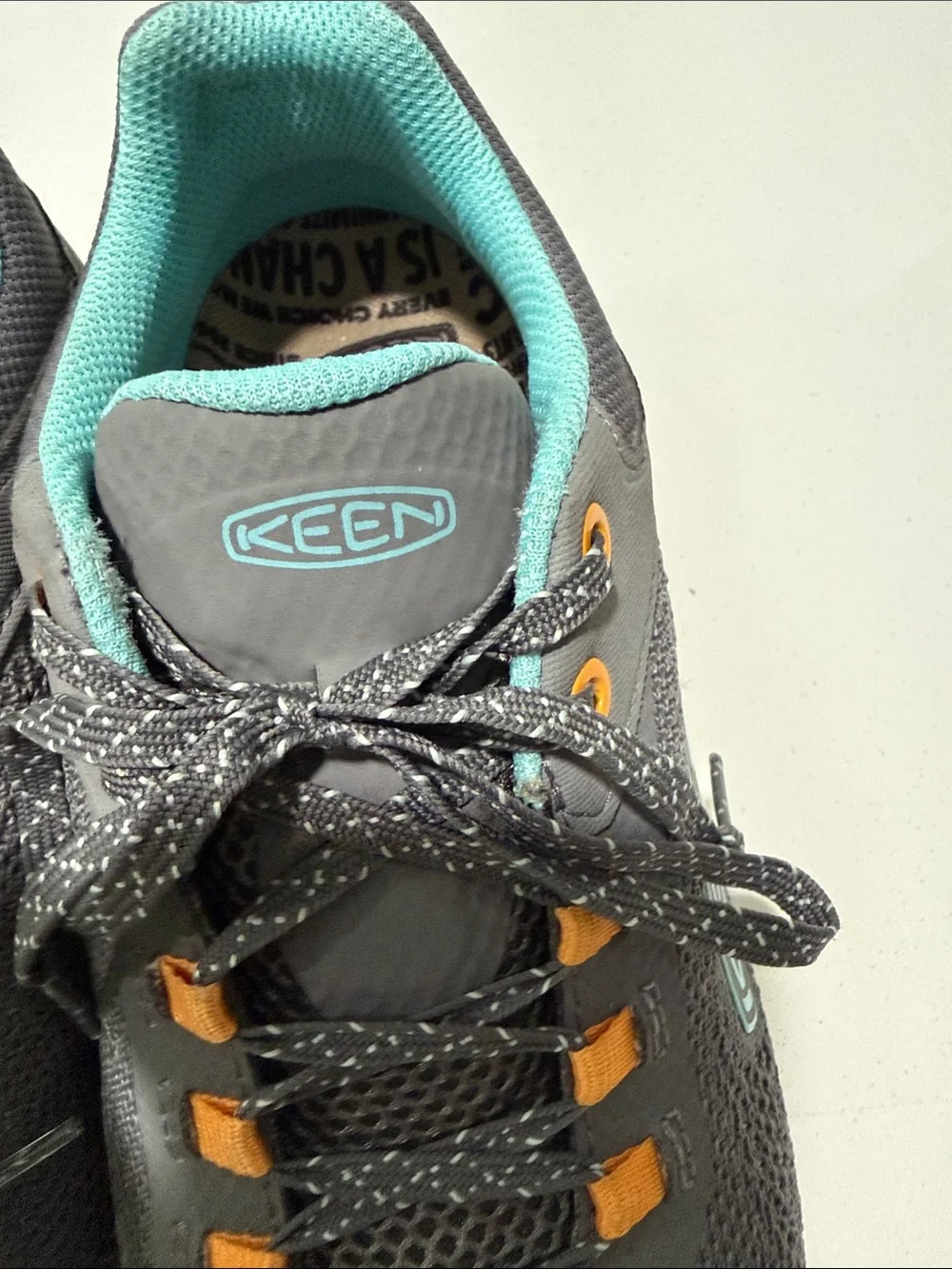 Keen Women’s Gray Sneakers with Teal Lining and Orange Accents